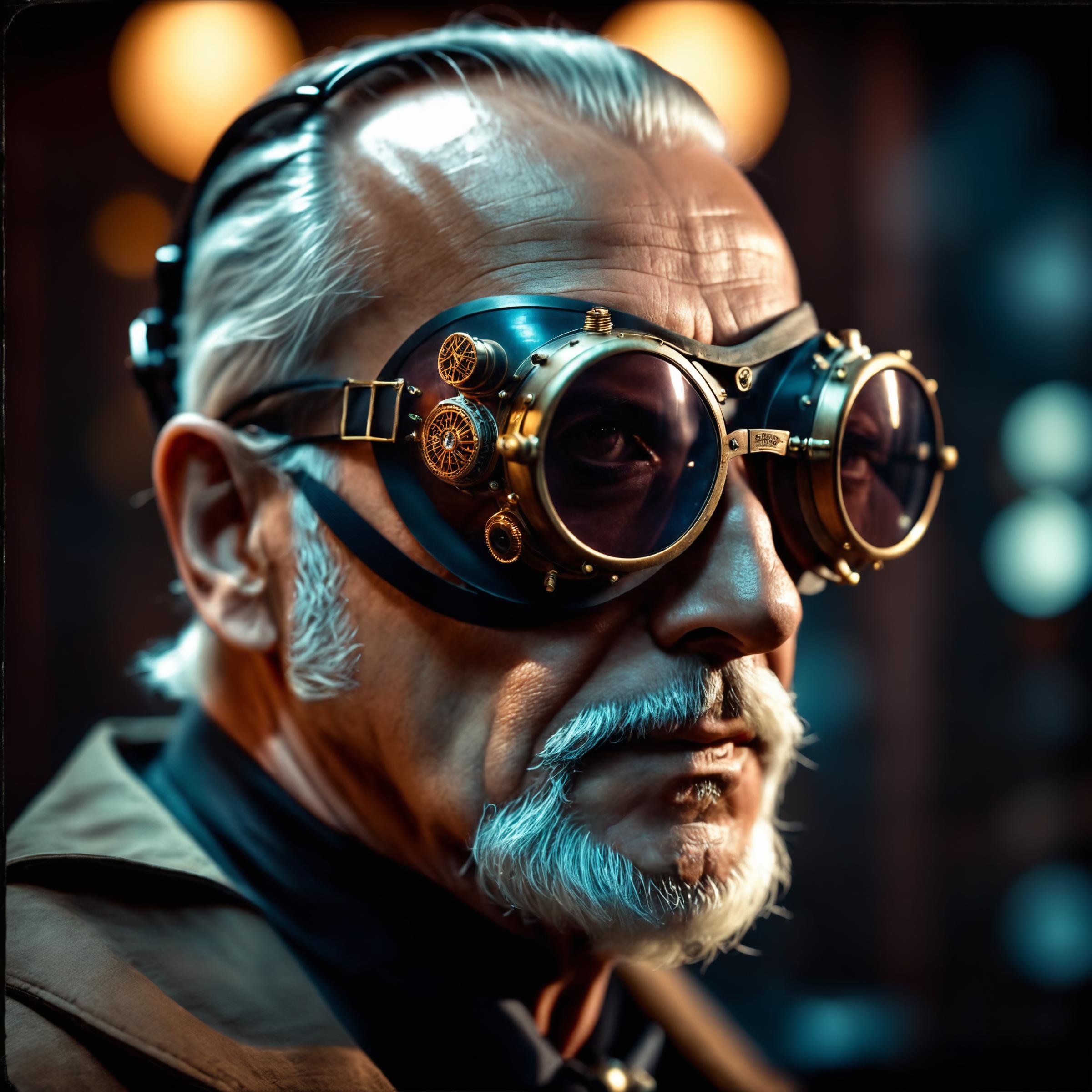 cinematic film still old evil scientist,man, cyberpunk, mask, wrathful eyes, dark science lab, steampunk sun glasses, dark...